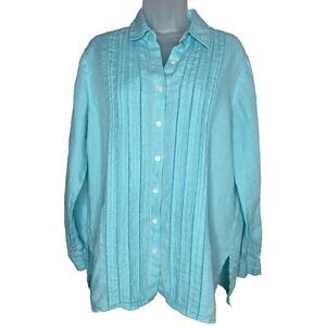 LIZ CLAIBORNE LIZSPORT BLUE LONG SLEEVE BUTTON FRONT 100% LINEN PINTUCK SHIRT‎ S